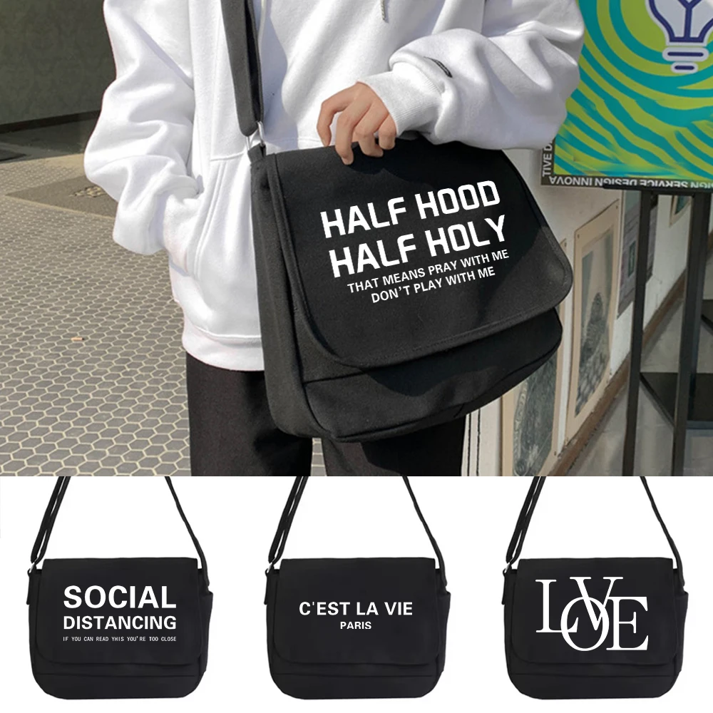 

Холщовая сумка с клапаном, многофункциональная сумка-мессенджер, текстовая серия, винтажная черная сумка, новая модная мужская и женская сумка через плечо