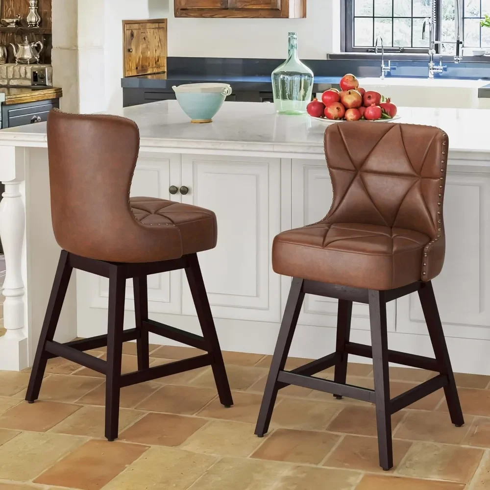 

Bar Stools Set of 2, Faux Leather Counter 26 Height Bar Chairs with Back & Solid Wood Legs, Upholstered Barstools