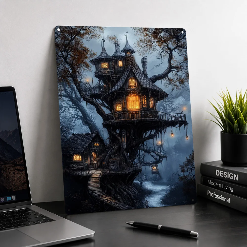 Fantasy Treehouse in Misty Forest 3D Texture Metal Poster Customized Wall Art Tin Sign Gift for Mancave Room Decorating Interior