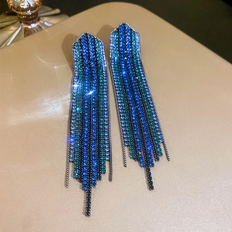 Blue Rhinestone Cubic Zirconia Long Tassel Earrings for Women Bridal Drop Dangling Earrings Party Wedding Jewelry Gifts