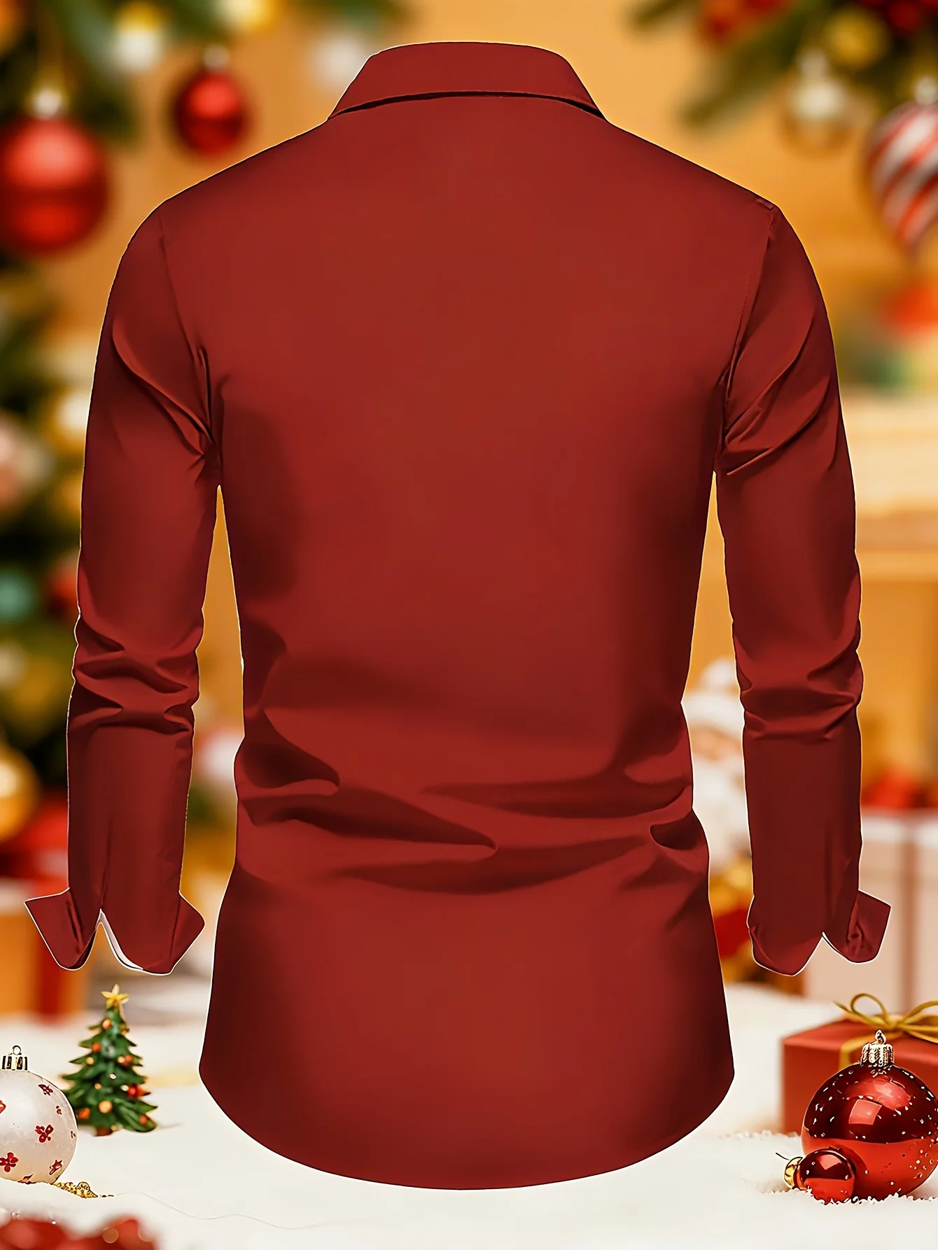 Men Long Sleeve Button Down Shirt Red Golden Christmas Tree Star Print Polyester Lapel Collar Holiday