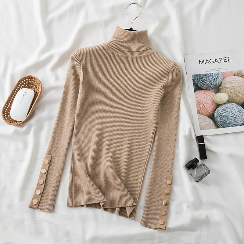 Autumn Winter Women Thick Sweater Pullovers Long Sleeve Button Turtleneck chic Sweater Female Slim Knitted Soft Jumper Tops