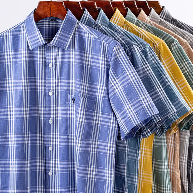 100% cotton6XL new men\'s short-sleeved shirt Summer thin large size Oxford woven non-ironing high quality breathable check