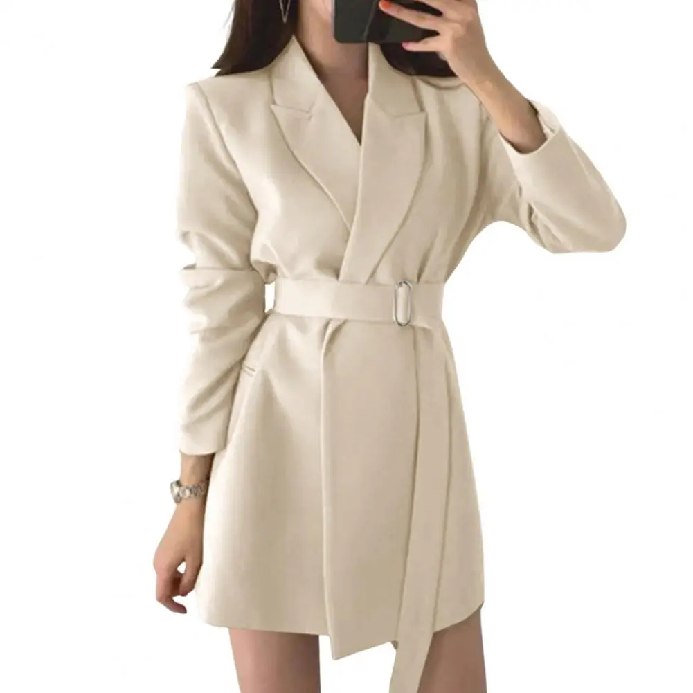 Belt Suit Jacket Elegant Lapel Suit Coat for Women with Belt Long Sleeve Office Lady Outwear Solid Color Loose Fit Jacket