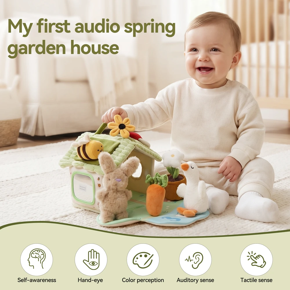 Mainan Sensorik Lembut Audio Spring Garden House 7 Aksesoris Suara Kerincingan Lonceng Cermin Velcro Dapat Dicuci Lipat Portabel