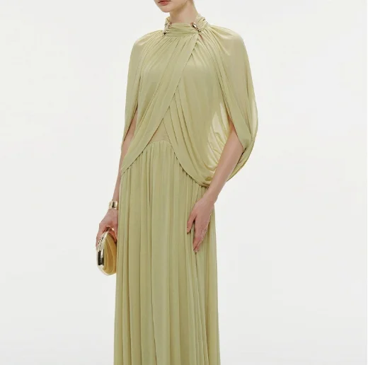 Women's Dress 2026 Spring Summer New Solid Color Pleated Mesh Patchwork Elegant Round Neck Fresh Chiffon Long Dress