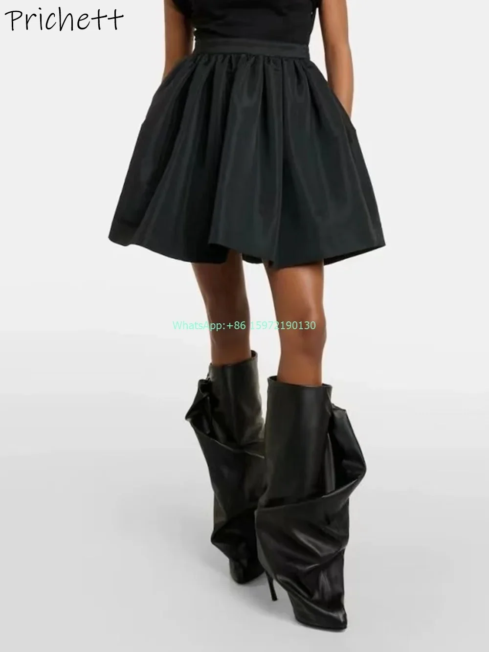 Black Pleated Butterfly Knot Boots Pointy Toe Strange Style Heels Solid Runway Boots Hotties Sexy Niche Design Stiletto Shoes