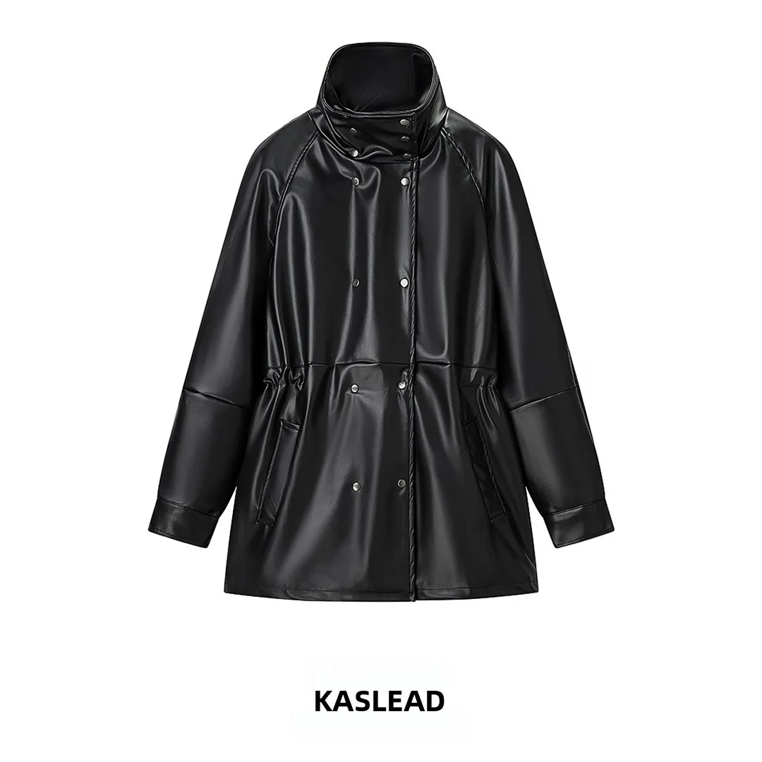 

KASLEAD Новый женский уличный длинный свек воротник-стойка с завязками на талии кожаный тюнет длиной миди Simple Faion