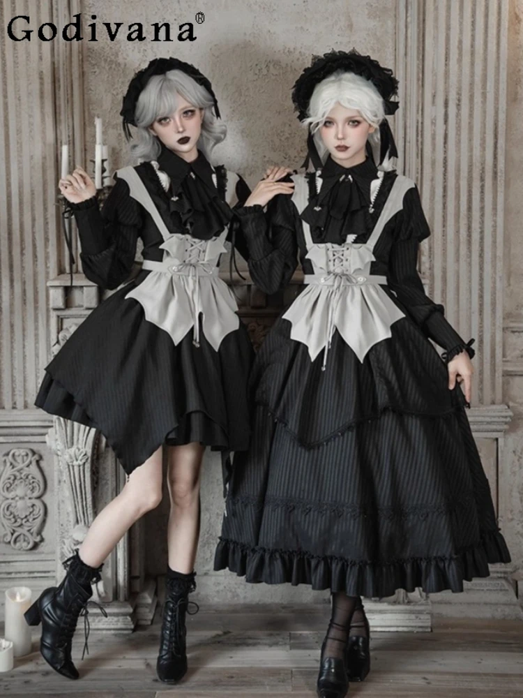 

Original French Elegant Retro Court Long Skirt Shirt Apron Set Spring Autumn New 2025 Women's Slim Fit Lolita Shirt Skirt Set