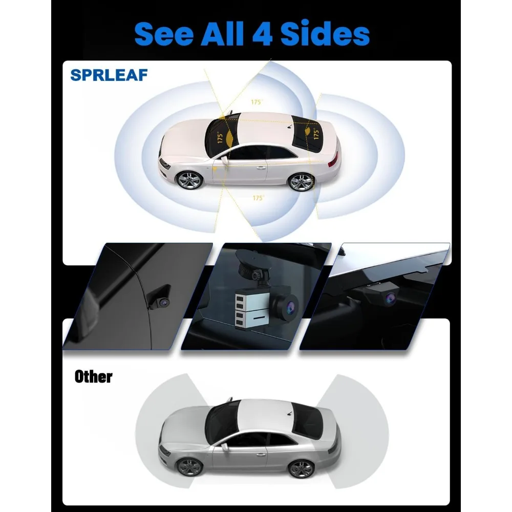 كاميرا Sprleaf ذات 4 قنوات مع كاميرات أمامية وخلفية، 360 درجة °   Dashcam، بطاقة 128 جيجابايت متضمنة، 5G Wi-Fi والتحكم في التطبيقات، رؤية ليلية