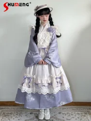 Chinese Style Lolita Dress Elegant Classical Printing Long Sleeve Single-breasted Lace-up Casual Purple Hanfu Dress Women Autumn