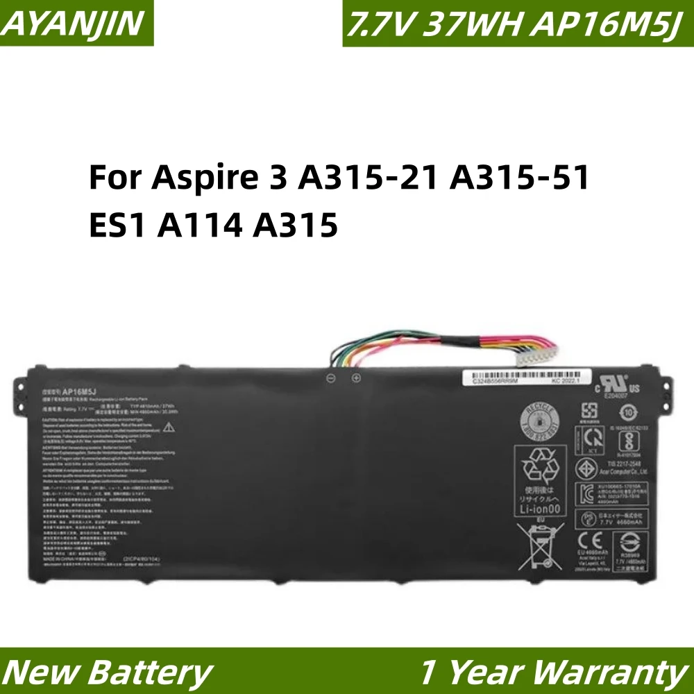 

AP16M5J Laptop Battery ACER Aspire 1 for Aspire 3 A315-21 A315-51 ES1 A114 A315 KT.00205.004 7.7V 4810mAh 37WH AP16M5J New