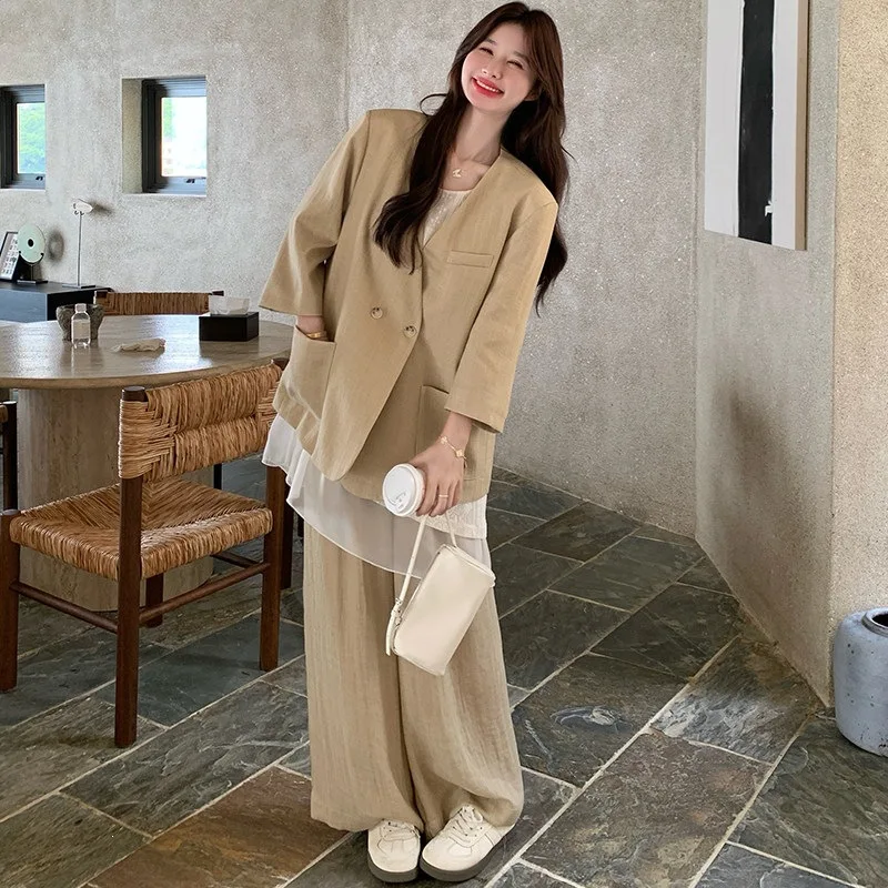 SuperAen Autumn New V-neck Simple Solid Color Simple Blazer Mid-length Lace Spliced Tops Long Wide-leg Pants Three-piece Sets