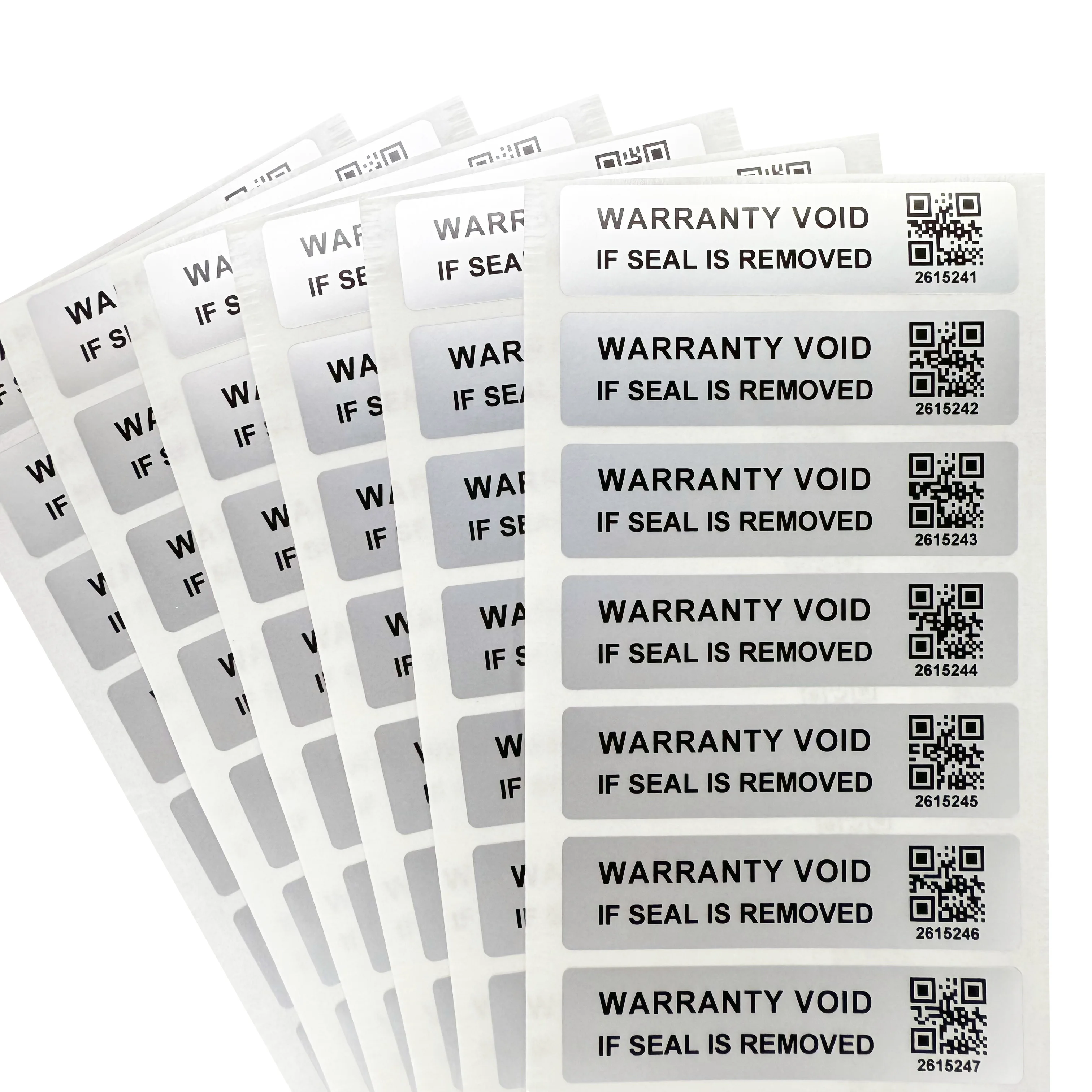 60X15mm silver tamper proof sticker, warranty invalid label with QR code, disposable security seal, serial number sticker