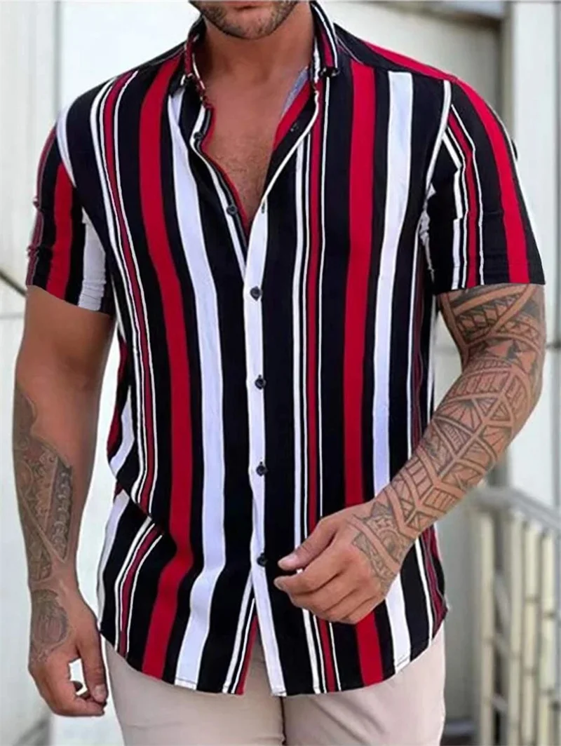 

Fashionable men's shirt short sleeved casual breathable comfortable men's Hawaiian shirt on the street social 2024 shirt striped