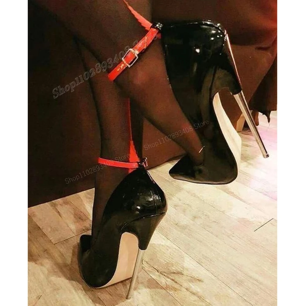 

Patent Leather Ankle Buckle Shallow Pumps Pointed Toe Metal Stiletto High Heel Sexy Women Shoes 2024 Fashion Zapatos Para Mujere