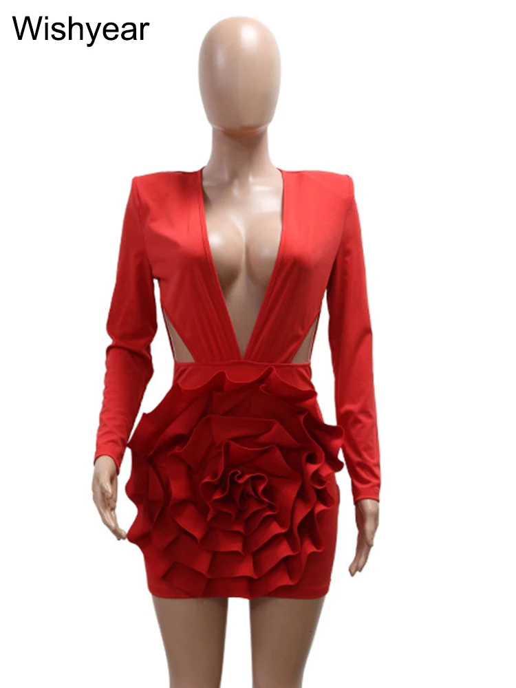 New Sexy Deep V Ruffle 3D Rose Floral White Mini Dresses Woman Long Sleeve Slim Bodycon Vestidos Elegant Birthday Prom Clubwear