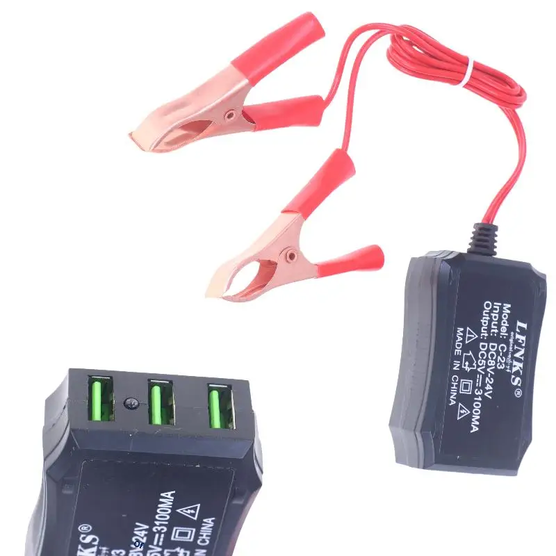 1Pcs 12V 24V To 5V 3USB Port Power Adapter With Battery Clip For Charging Cell Phone Emergency USB Power High Efficiency