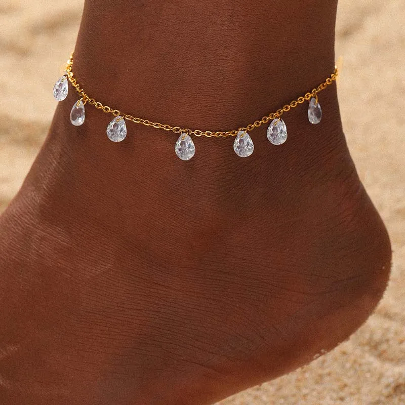 Нержавеющая сталь, циркон, подвеска в виде капли воды, кулон на щиколотке для женщин, модная металлическая цепочка золотого цвета с геометрической кисточкой, ювелирные изделия, подарки