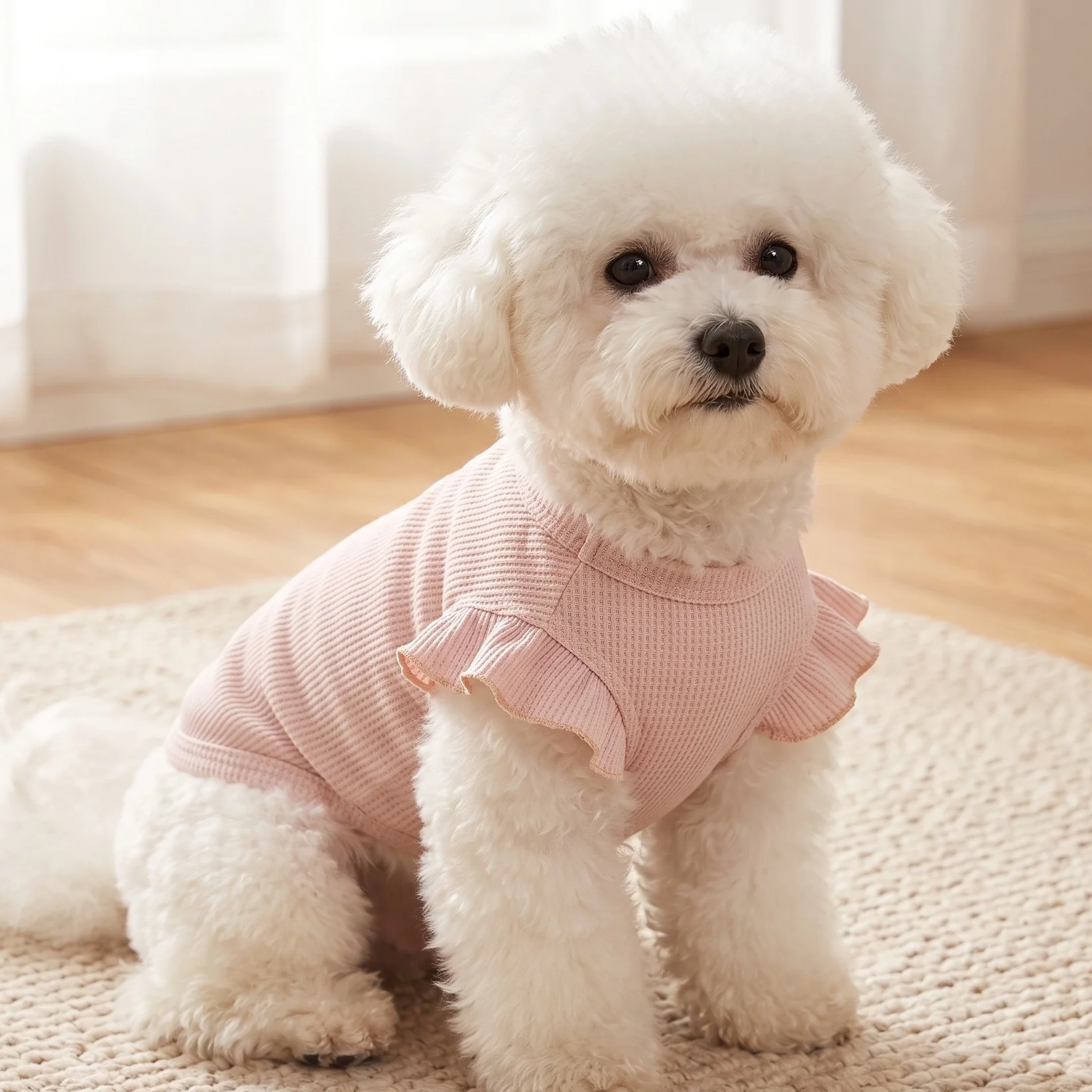 1 Niedliches Haustier-T-Shirt mit Waffelrüschenärmeln, Rundhals, atmungsaktive Hundekleidung, niedliche Hundekleidung in mehreren Farben