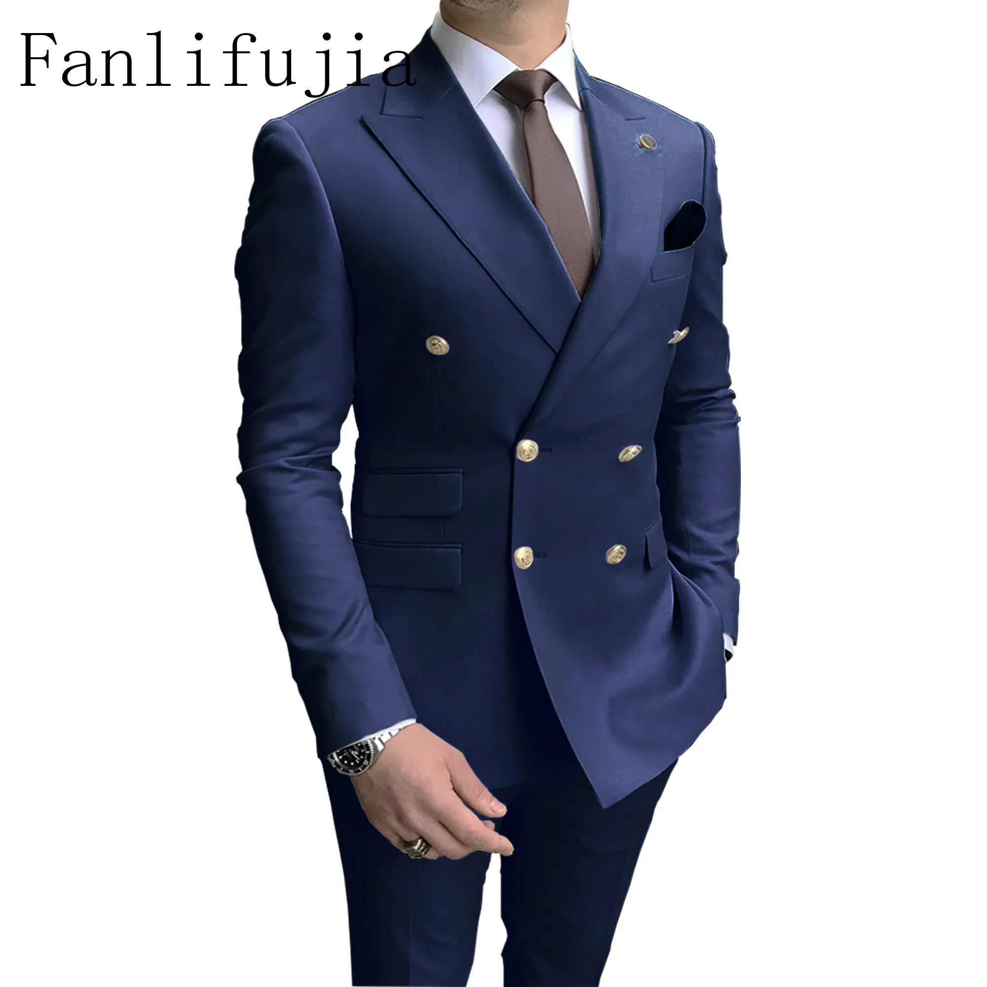 Fanlifujia Store Navy Men Party Tuxedos 2 Pieces Latest Peak Lapel Men Suits Gold Buttons Fashion Style Suits Double Breasted