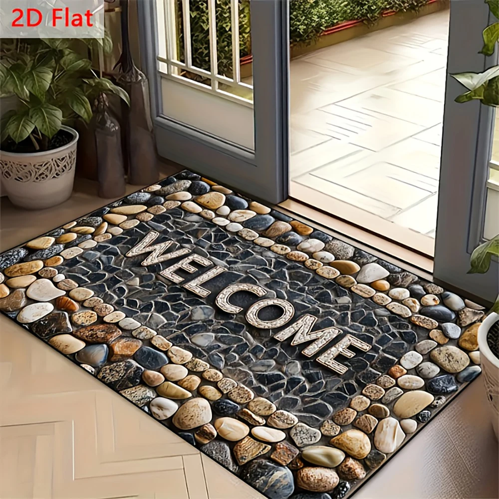 2D Flat-1pc Welcome Doorway Stone Mats , Suitable for entrance, kitchen, living room, rectangular carpet decoration.
