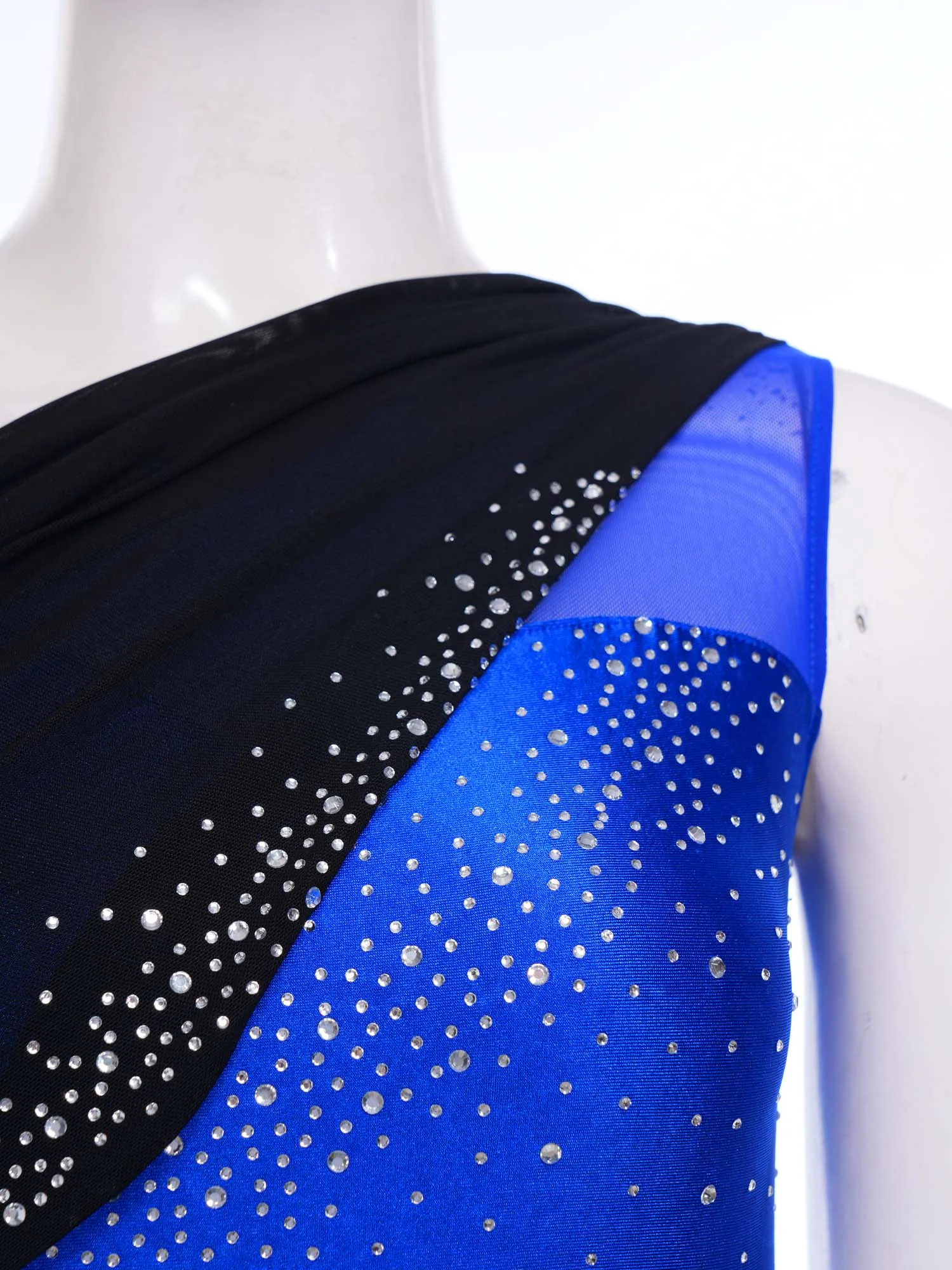 

Women Figure Skating Modern Gymnastic Ballet Performance Costume Sleeveless Rhinestones Ruched Skirted Bodysuits Dancewear