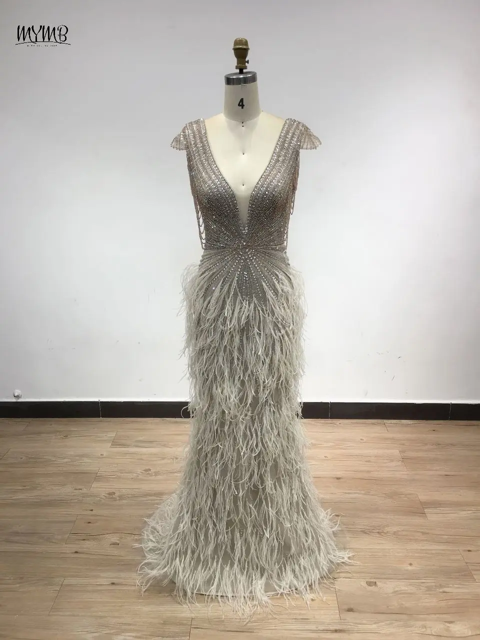 MYMB Caramel Plunging Neckline Mermaid Sexy Lady Sheath Evening Dress Stunning Beaded Tassel Feather Wedding Party Gown DSL62430