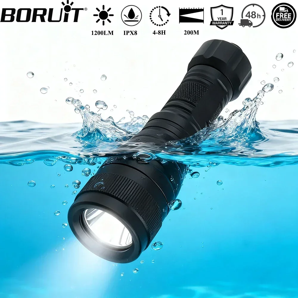 

Фонарь для подводного плавания BORUiT DIV05 1050LM LED, водонепроницаемый IPX8, до 150 м, подводный фонарь, работает от аккумулятора 18650