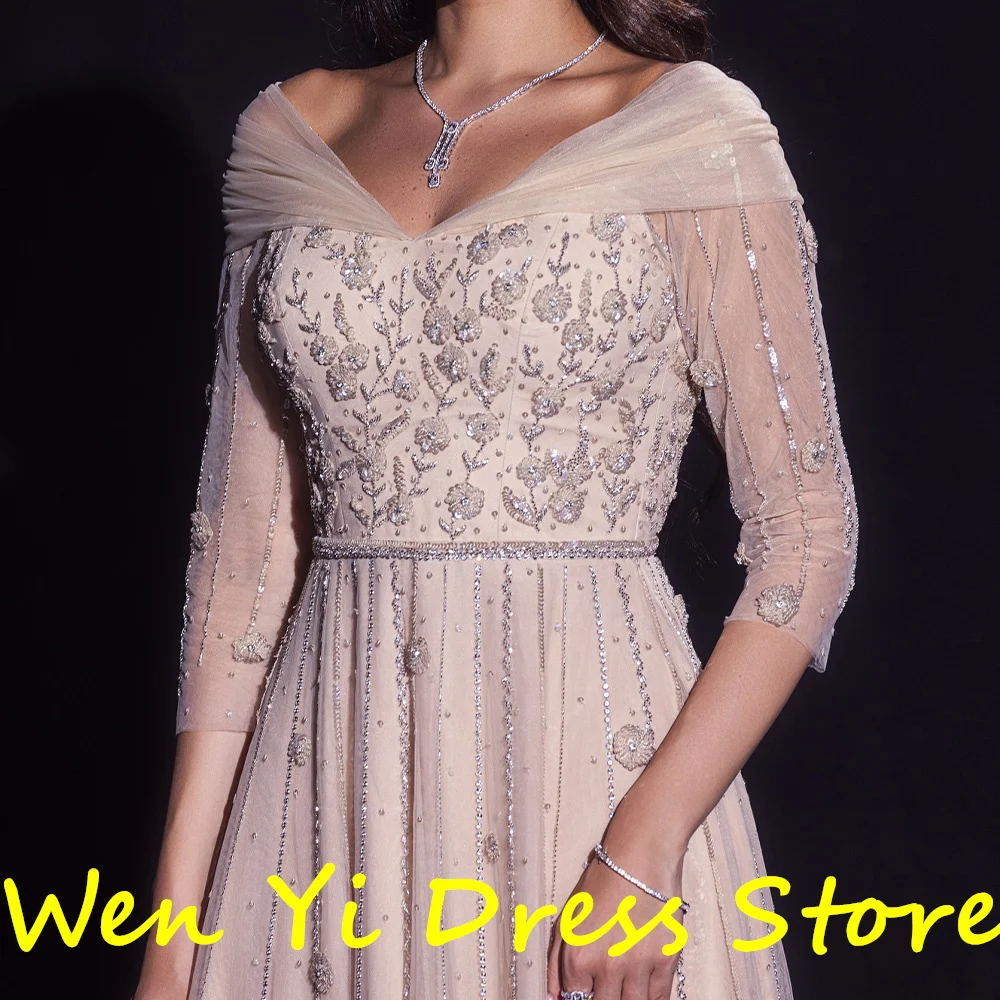 V-Neck Elegant Luxury Evening Dress 2024 3/4 Sleeves Straight Floor Length Solid Color Appliques Beading Crystal Evening Dress