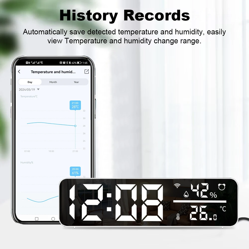 Tuya WiFi LED Wecker Unterstützung Temperatur Feuchtigkeit Sensor Zeit Display USB Desktop Spiegel Uhren für Wohnzimmer Dekoration – Detail 10