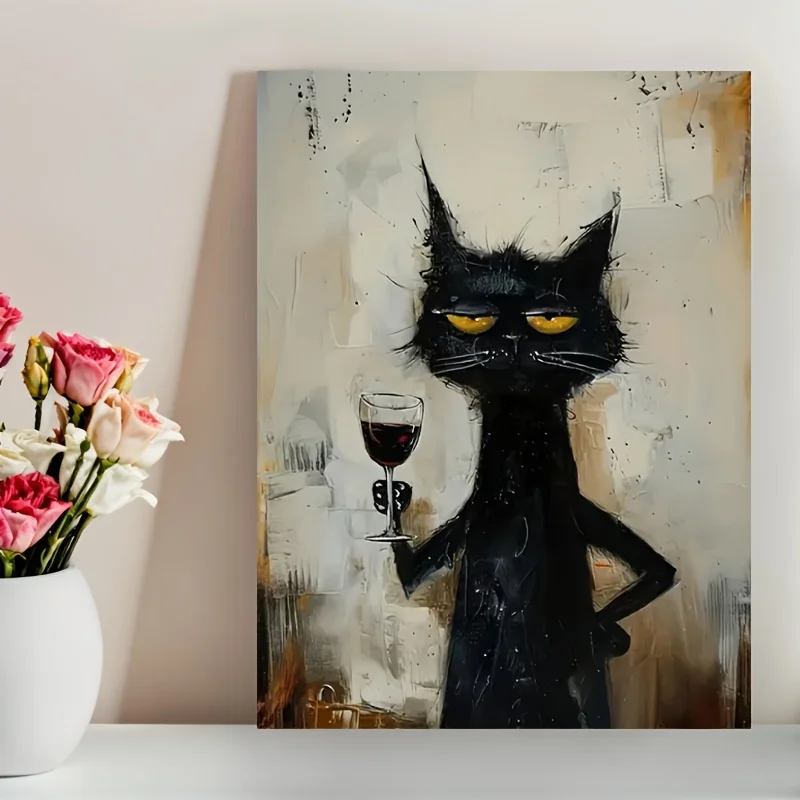 Chic Black Cat Art Canvas Print,Minimalist Animal Poster,Unique Creative Wall Art Decor for Bathroom, Living Room, Bedroom view 2