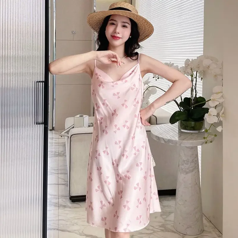 Summer Ice Silk Pajamas 2025 New Lady Sexy Pure Desire Style High-End Long Nightdress Women Thin Large Size Sweet Nightgown