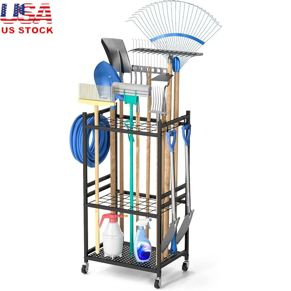 

Garden Tool Organizer on Wheels Garage Storage Rack 35 Long Handled Tools Metal Holder with Adjustable Hooks and Weather