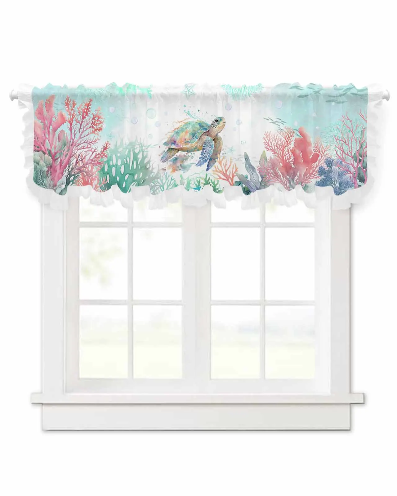 Sea Life Sea Turtle Coral Blue Short Tulle Half Curtains for Living Room Kitchen Door Cafe Window Sheer Valance Drapes