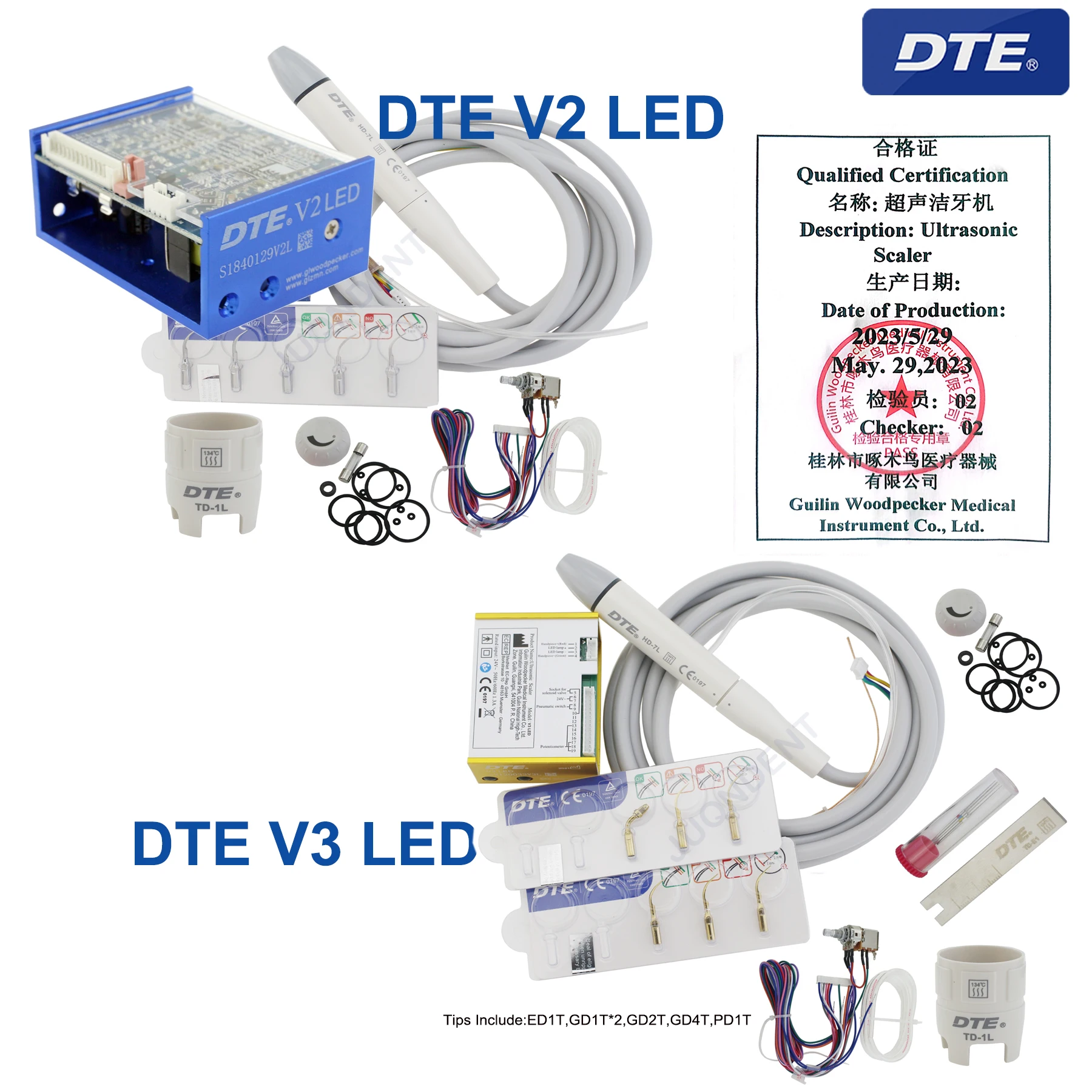 Woodpecker-DTE Dental Ultrasonic Scaler Dicas para Odontologia, Endodontia, NSK, Satelec, Acteon Handle, V2, V3, LED