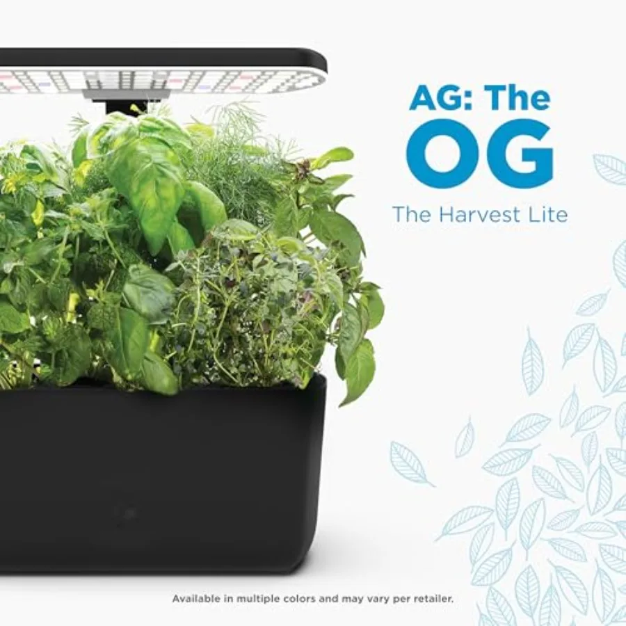 Indoor hydroponic garden for year-round herb and vegetable growing; black plastic; soil-free with LED grow light; compact AeroG
