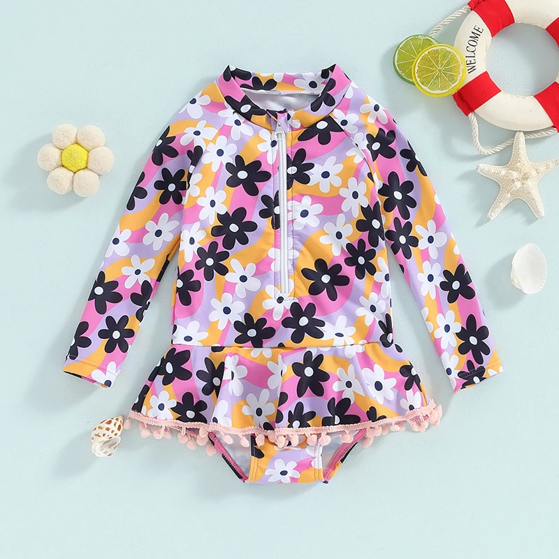 Little Girls Summer Swimwear Beachwear Long Sleeve Crewneck Bobble Decor Zip Up Floral Bathing Suit for 1 Years to 6 Years