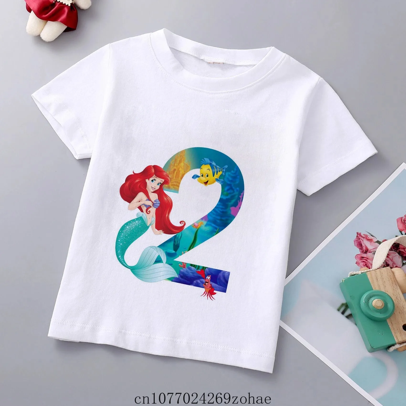 Disney New Brand Girls Mermaid Princess Print T Shirt Ariel Princess Tee Clothes Children Cartoon Top1-9Years Kids Birthday Wear