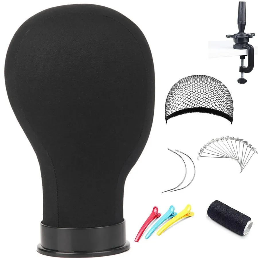 

23-дюймовая черная парусиновая голова манекена для изготовления париков с подставкой и отверстием для крепления для салонной фотографии и модного шоу