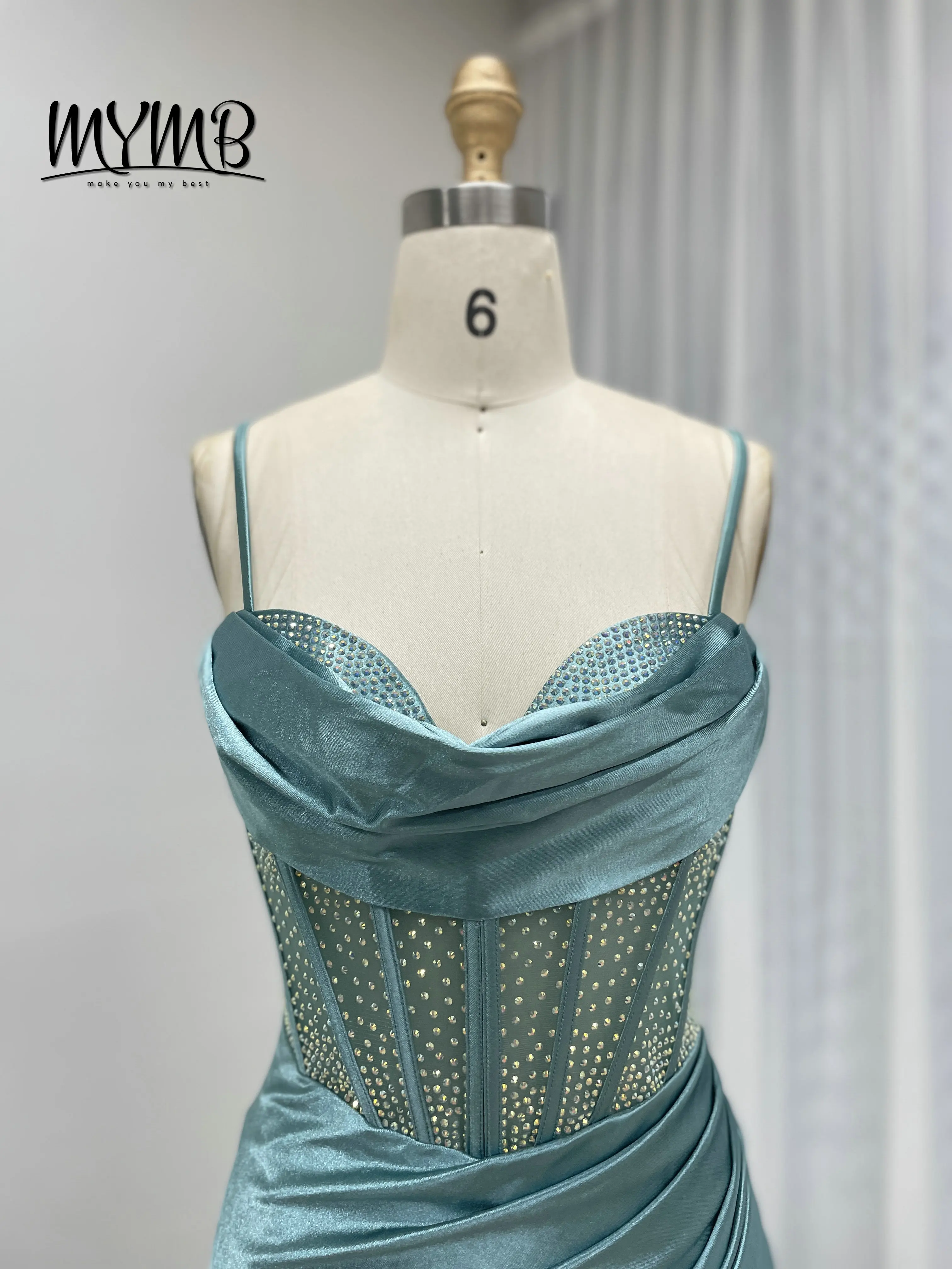 MYMB شيك المألوف الأخضر البريق حبة Ruched الخصر مثير السباغيتي حزام عالية الشق حورية البحر حفلة موسيقية ثوب مسائي للحزب MB40448 #4