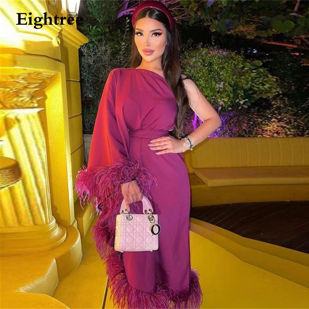 Eightreeg gaun malam Fuchsia Saudi Arabia jubah Formal noda bulu gaun De Soiree Vestidos De Gala dibuat sesuai pesanan Chic ukuran besar