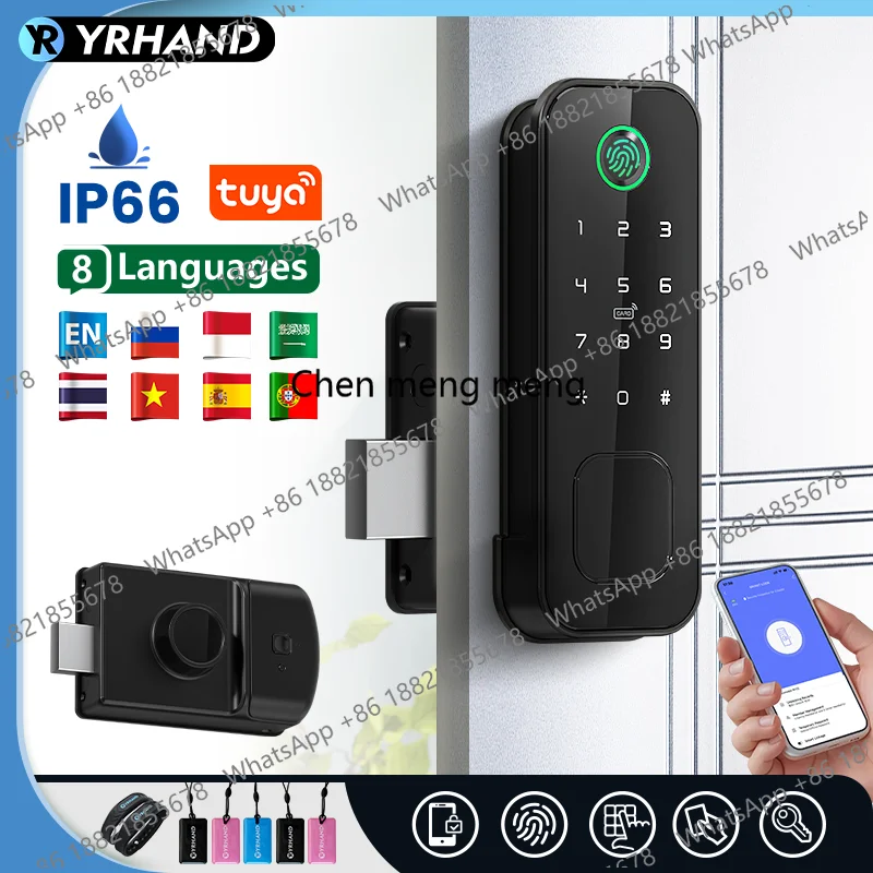 Tuya wifi 8 language Fingerprint IP66 Waterproof Outdoor Gate Passcode Rfid Card Keyless Smart Rim Lock﻿ ﻿For home