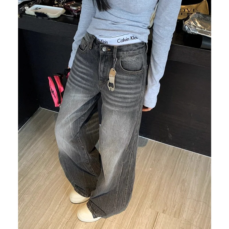 Czarne dżinsy damskie z wysokim stanem American Street Spodnie z szerokimi nogawkami Vintage Straight Baggy Casual Plus Size Mom Oversize Denim