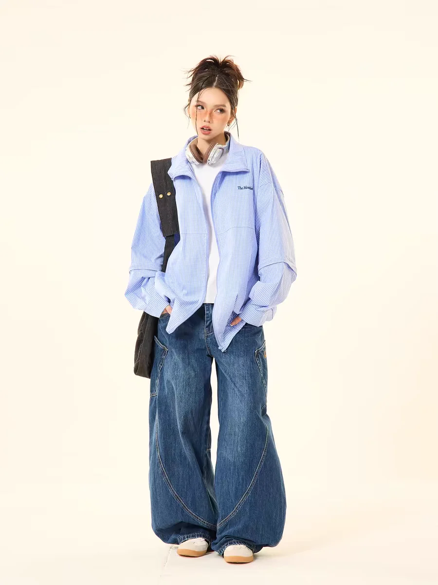 Women's Side Large Pocket Design Denim Jeans Girl Wide Leg Pants Y2K Unisex Trousers Female High Waisted Design Sweatpants