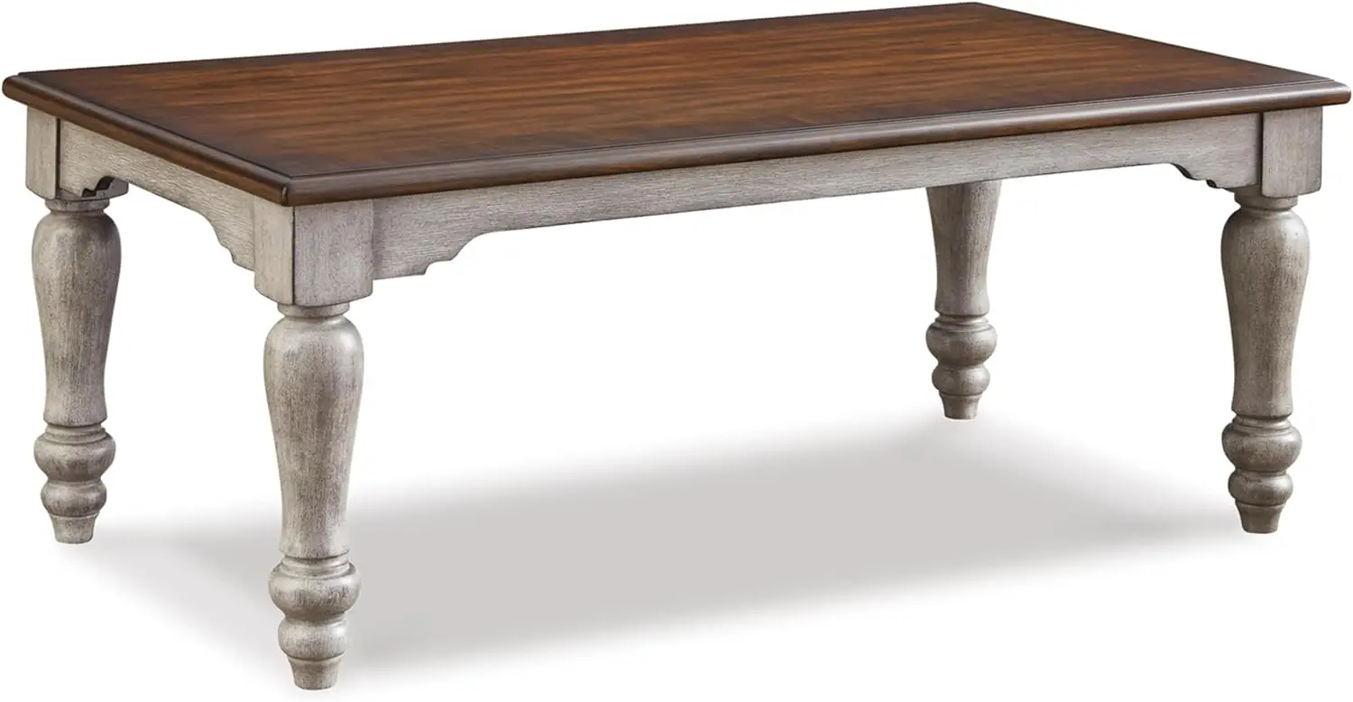 Classic Farmhouse Coffee Table with Turned Legs, Antique Gray & Brown Square Center Table for Living Room