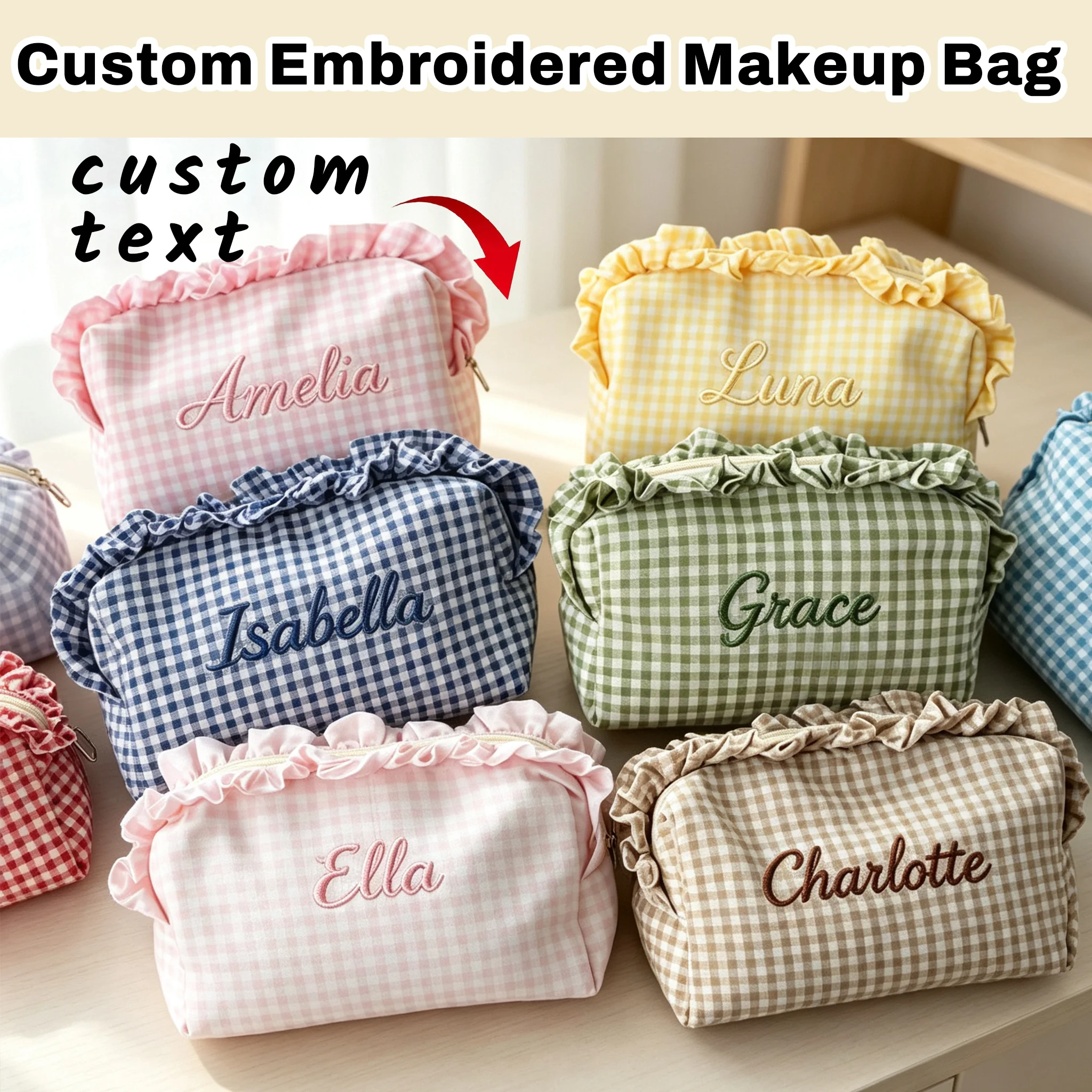 Personalized Embroidered Name Gingham Makeup Bag, Ruffle Trim Cosmetic Pouch, Portable Handbag, Cute Stationery Bag,