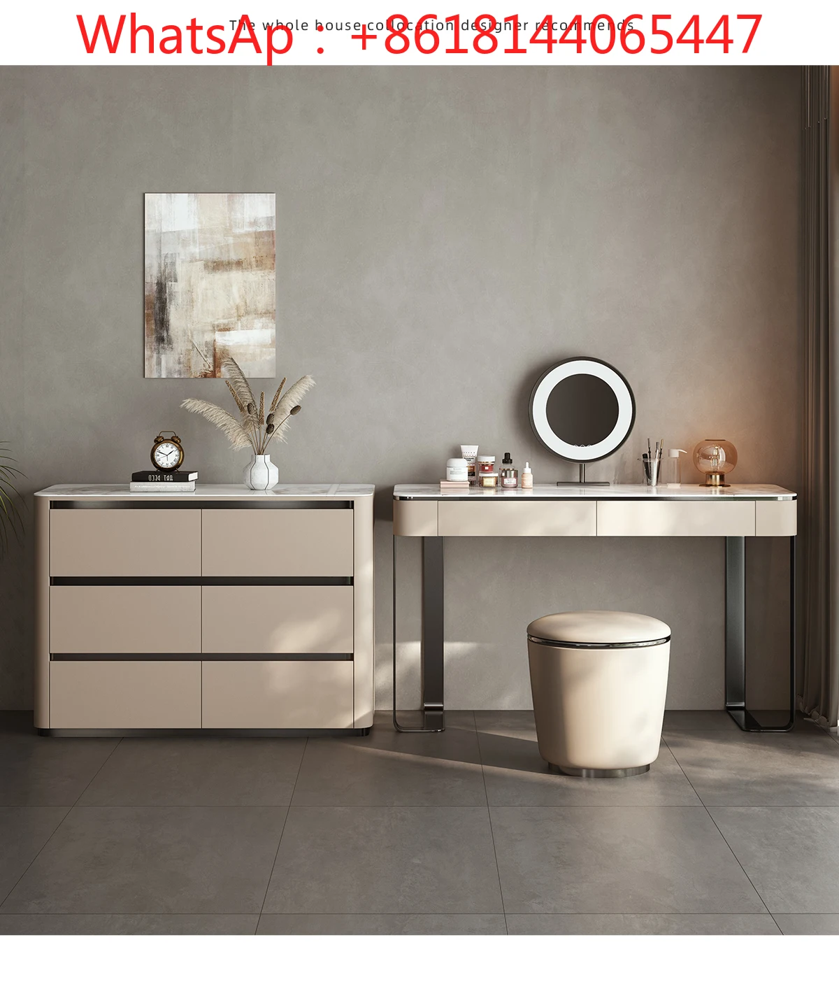 

Italian solid wood dresser modern simple small apartment stainless steel makeup table designer bedroom rock slab makeup table