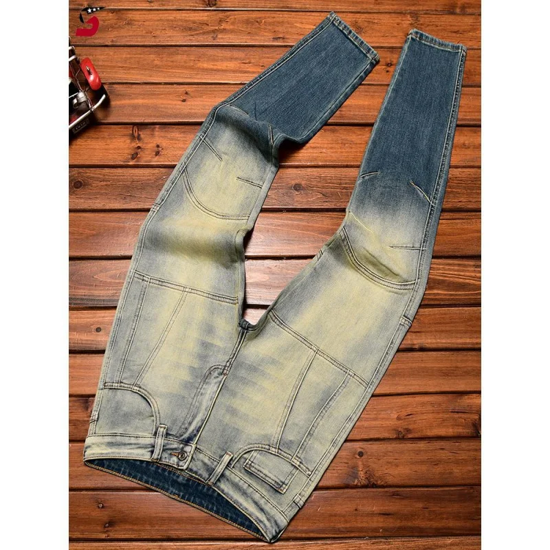 Celana Jeans pria, kelas atas ringan trendi mewah lurus tabung Slim Fit elastis motor dicuci Retro dan serbaguna jalan Denim