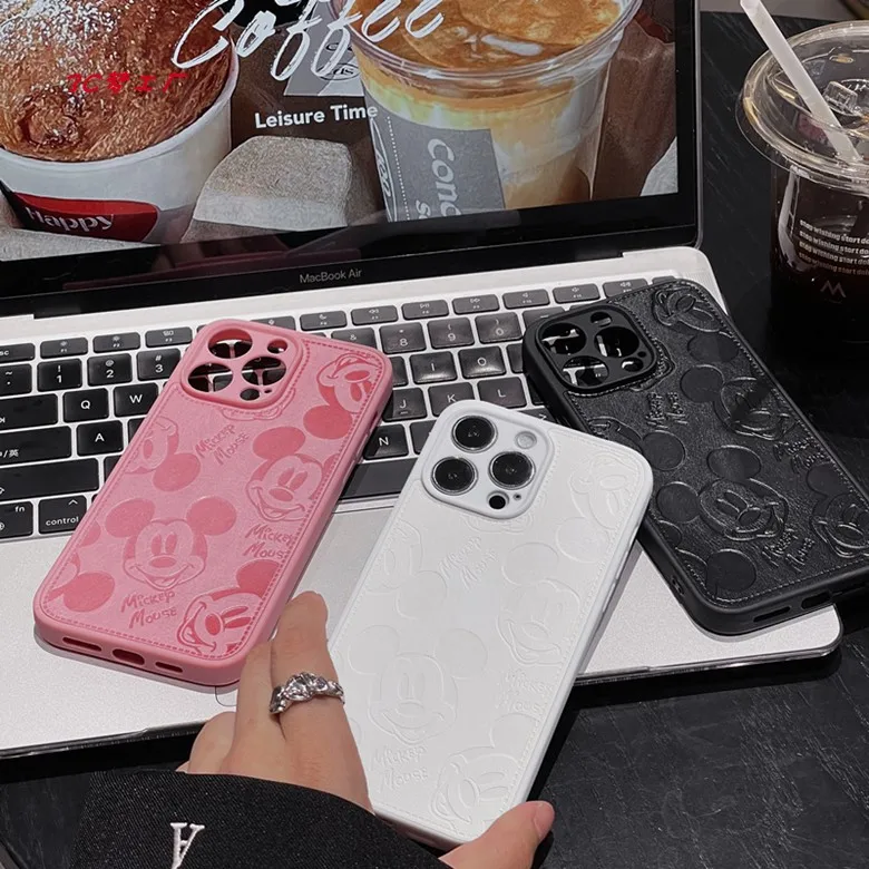 Cartoon Leather Texture Embossed Disney Mickey Mouse Shockproof Phone Case for iPhone 16 15 14 13 12 11 Pro Max Protective Cover